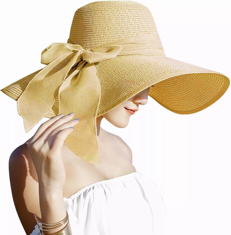 Lanzom Womens 5.7 Inches Big Bowknot Straw Hat Large Floppy Foldable Roll up Beach Cap Sun Hat UPF 50+ - Image 1